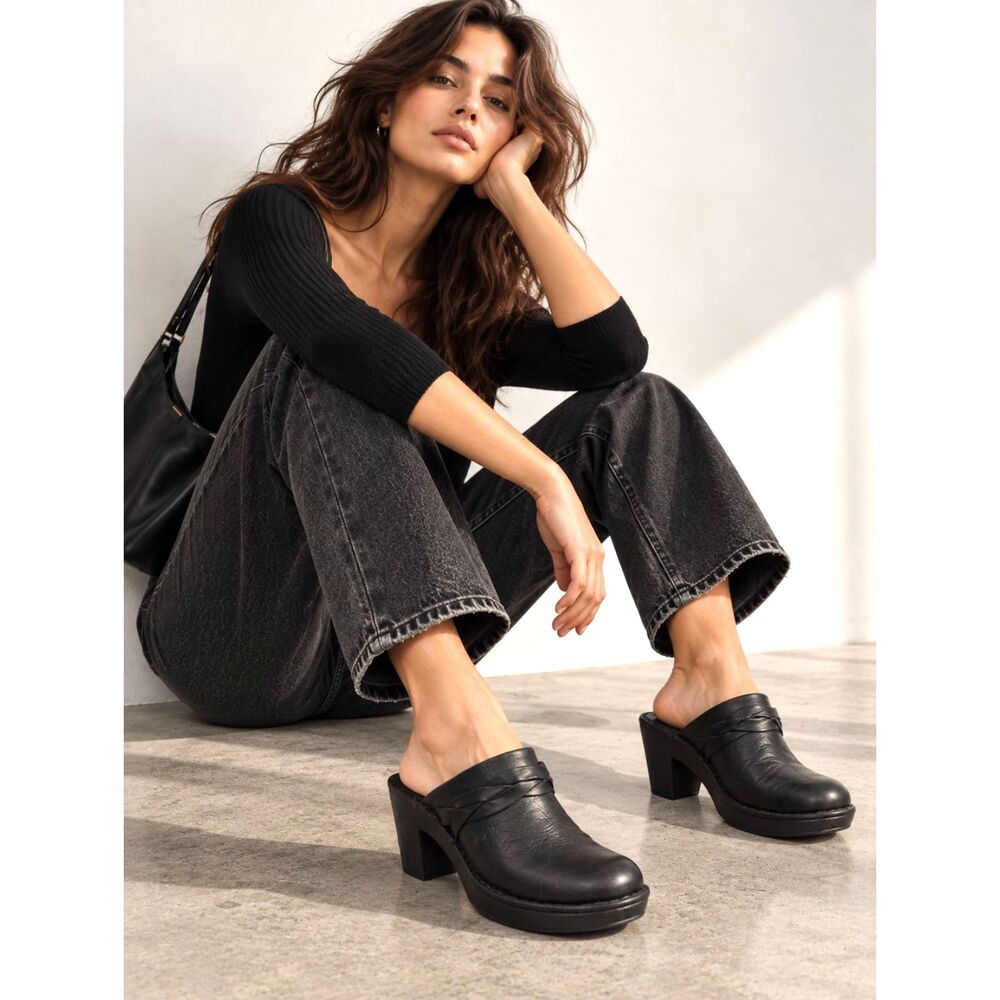 Børn Black Leather Clog Mules Braided Crossover Vamp Chunky Heel Comfort 9M